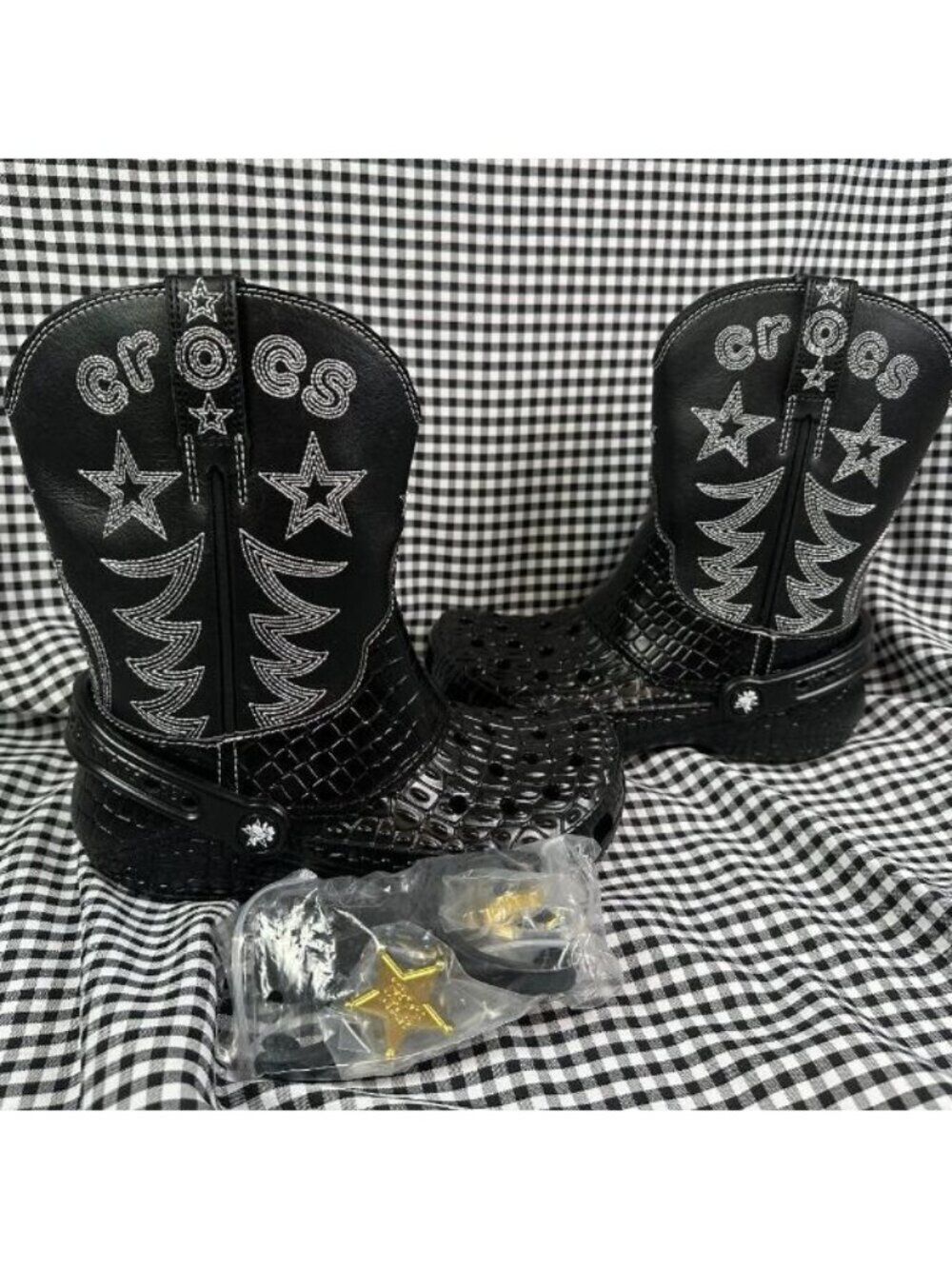 Crocs Classic Cowboy Boots Black Western Cowgirl Clog w Spurs Women’s 6 NWOB